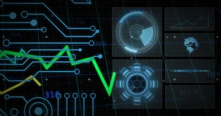 On start digital dashboard panels animating and updating to visualize live data flow in flat design - Powered by Adobe