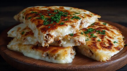 Stacked chicken quesadillas on a wooden board.