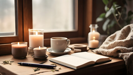 A cozy, minimalist self-care corner in a modern home, featuring a lit soy candle, an open book, herbal tea in a ceramic cup, and natural skincare products neatly arranged on a wooden tray