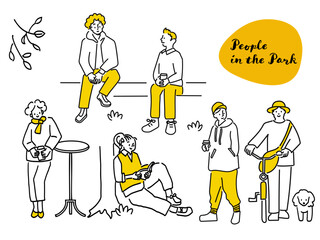 公園でくつろぐ人々の線画イラストセット