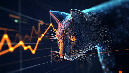 Digital cat analyzing financial data trends with glowing lines, representing modern technology in finance - Powered by Adobe