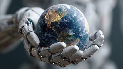 A robotic hand gently holds a glowing Earth, symbolizing technology's role in protecting and shaping the planet's future.