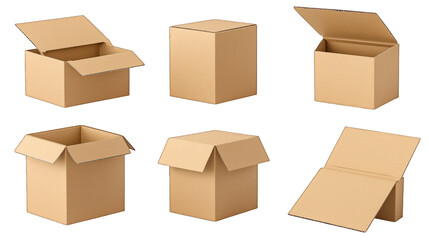 Six brown cardboard boxes in various open/closed states