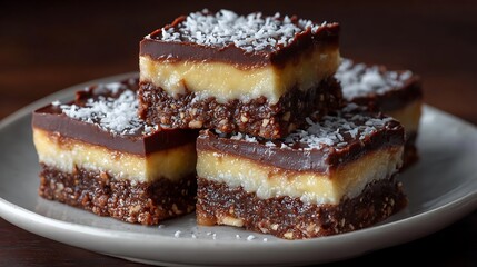 Stacked Nanaimo bars present creamy coconut layer