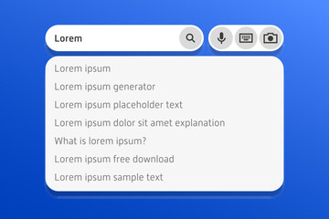 Minimalist search UI with “Lorem” typed into the field, showing clean autocomplete suggestions on a soft gray background with focus on functional clarity.