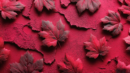Vibrant red leaves scattered on textured background creating a striking autumnal visual display