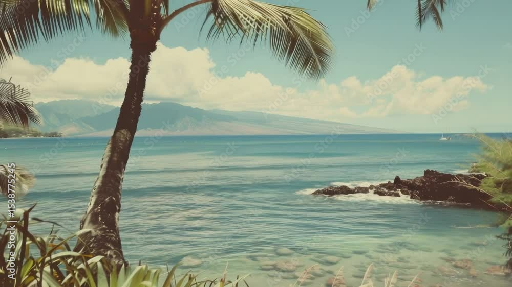 Poster a serene scene featuring palm trees along the shoreline of a calm body of water, ideal for use as a 