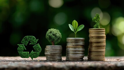 global economy employment sustainability. Eco-friendly growth represented through plants and coins in a green setting.
