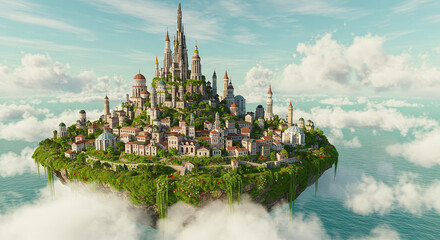 Aerial view of a fantastical city built on a floating island in the sky