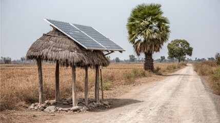 Off-grid solar panel installed on thatched shelter in African rural dryland community showing renewable energy in traditional setting