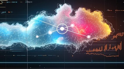 Abstract digital cloud formation with vibrant colors, data visualization elements, and technology interface - Powered by Adobe