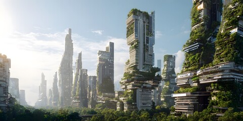 Obraz premium futuristic cityscape showcasing eco-friendly high-rise buildings with lush vegetation under bright, radiant sunlight