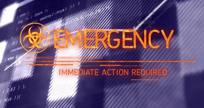 On fading biohazard symbol, graph drawing and EMERGENCY with IMMEDIATE ACTION REQUIRED displaying