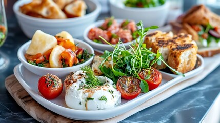 Delicious brunch board with burrata, roasted tomatoes, and various appetizers