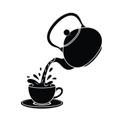 Black Silhouette Teapot Pouring Tea into Cup Splashing Liquid Dynamic Movement Simple Graphic Design Element