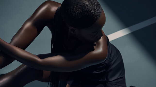 Beautiful African American female tennis player in black sports tennis outfit posing on a tennis court.