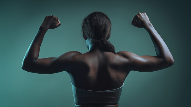 Rearview of a young athletic African American woman flexing her muscles against a green background.