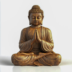wooden praying buddha statue isolated on white background.