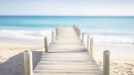 Fototapeta premium Weather-worn wooden boardwalk stretching across a sandy beach towards the ocean with soft light-colored sand, wooden posts, gentle rolling waves, and a serene blue gradient sea under a clear pale sky.