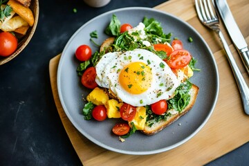 Tasty breakfast toast with fried egg, cheese, tomatoes and greens on grey plate