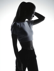 Fototapeta premium Silhouette of an Asian girl in sportswear after a workout on a white background. Concept of sports and healthy lifestyle.