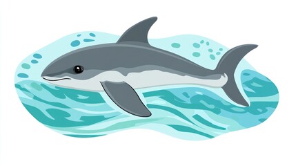 Obraz premium A stylized cartoon of a dolphin swimming in turquoise water, against a white background. The dolphin is grey and white with large, expressive eyes