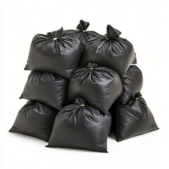 Obraz premium A Stack of Black Plastic Garbage Bags Isolated on White Background Waste Disposal and Recycling Concept