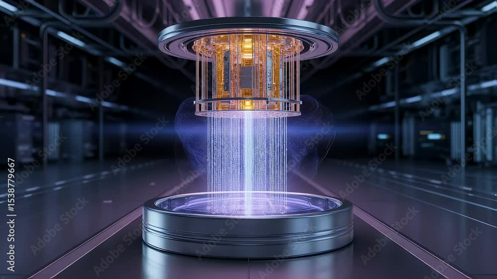 Poster quantum computer: a futuristic quantum computer illuminates the cutting edge of technology, a symbol