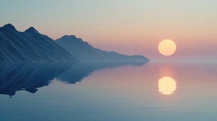 Obraz premium Serene Sunset Over Calm Water with Silhouetted Mountains and Dreamy Atmosphere