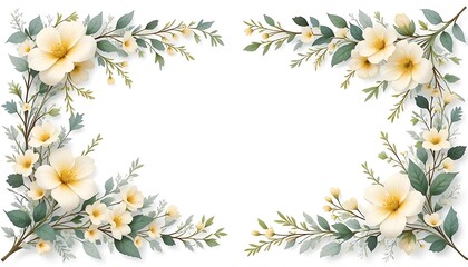 Fototapeta premium Vintage floral border with soft pastel roses, peonies, and leaves on white background. Perfect for wedding invitations, greeting cards, and elegant designs with space for text in the center.