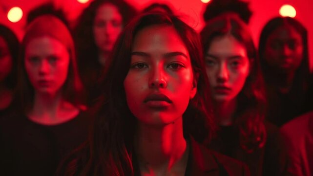 Diverse group of women in intense red lighting. Powerful, united front. Focused expressions convey strength and determination. Dramatic atmosphere suggests rebellion or feminist solidarity