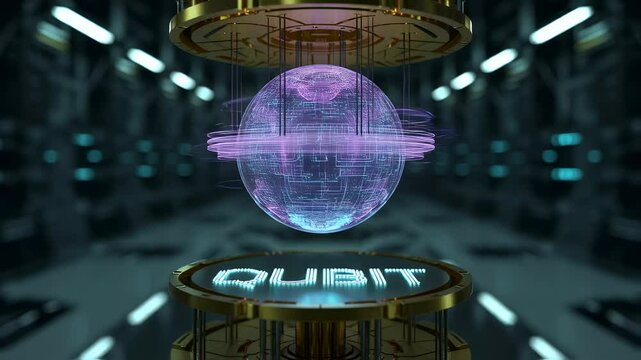 Quantum Qubit Visualization: A stunning visualization of a qubit, the fundamental unit of quantum computing, floating in a futuristic laboratory setting.