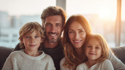 Obraz premium Happy family portrait with two children and parents sitting together on sofa in bright living room, smiling and enjoying quality time, warm sunlight, cozy atmosphere