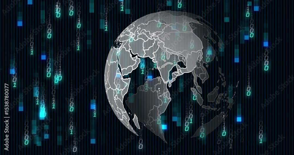 Poster streaming binary digits causing globe rotating over dark stripes, revealing continents in data flow