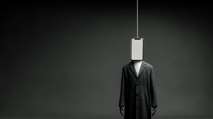 Human figure with smartphone as head suspended by rope symbolizing loss of identity in digital era