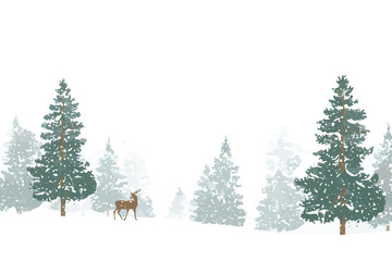 Naklejka premium Winter Deer Scene Snow Covered Pine Trees Forest Landscape