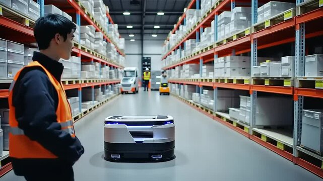 Warehouse worker observing automated robot moving between shelves in a busy distribution center
