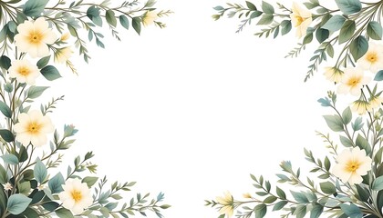 Fototapeta premium Vintage floral border with soft pastel roses, peonies, and leaves on white background. Perfect for wedding invitations, greeting cards, and elegant designs with space for text in the center.
