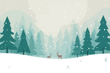 Winter Wonderland Scene Two Reindeer Snowy Forest Teal Trees
