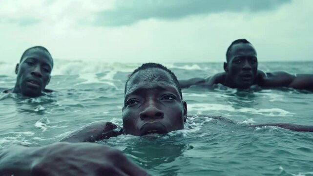 Black immigrants from Africa sinking in the sea. Children anguished faces. Surrounding swimmers emphasize collective struggle, symbol of human cost of desperate border crossings of migration
