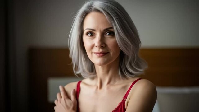 Confident mature woman with gray hair wearing red lingerie posing and smiling indoors