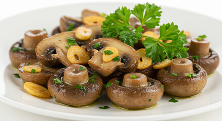 Saut&eacute;ed mushrooms with garlic and parsley, buttery and golden, on white