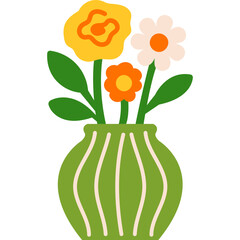 Cartoon green vase with yellow and pink flowers flat floral illustration