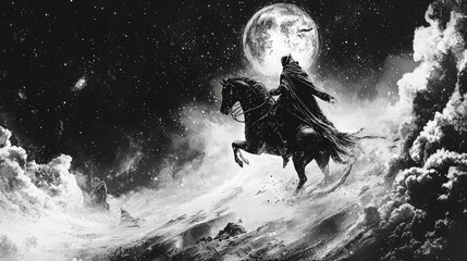 Obraz premium Dark, snowy landscape depicts a figure on a steed.