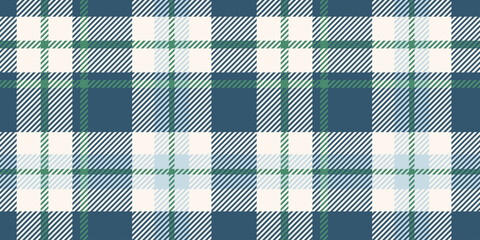 Crisp navy blue, green, and white tartan plaid pattern with clean lines
