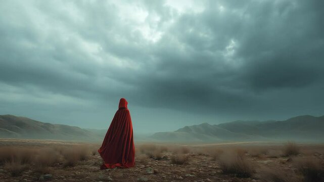 A solitary woman in a flowing red cloak stands on a barren plain beneath turbulent storm clouds. Concept of resilience against adversity.