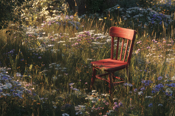 Naklejka premium A solitary chair sits amongst a field of wildflowers, bathed in sunlight, in a serene and peaceful setting.