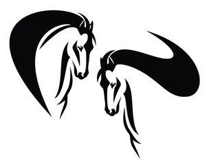 horse head with stylized long mane side view outline - black and white vector design of wild mustang profile portrait