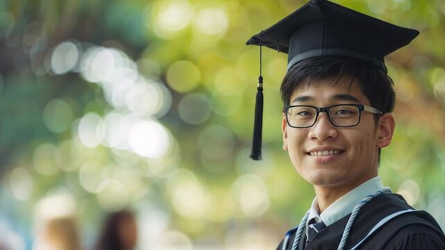 Contemplative young asian male graduate gazes upward, cap and gown silhouetted against bokeh background in a park. Glasses reflect determination and ambition of a chinese  student
