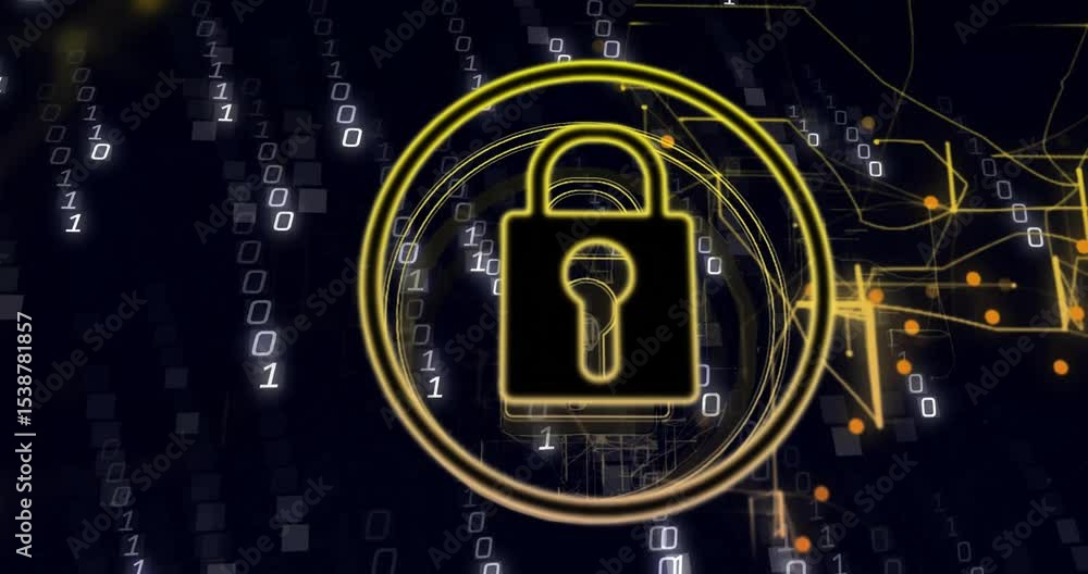 Poster padlock emerging in void starting rings glowing binary digits falling circuits pulsing for security